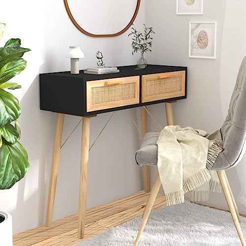 Woonisher Konsolentisch Schwarz 80x30x75cm Massivholz Kiefer Natur-Rattan beistelltisch Holz Outdoor klein Tisch von Woonisher