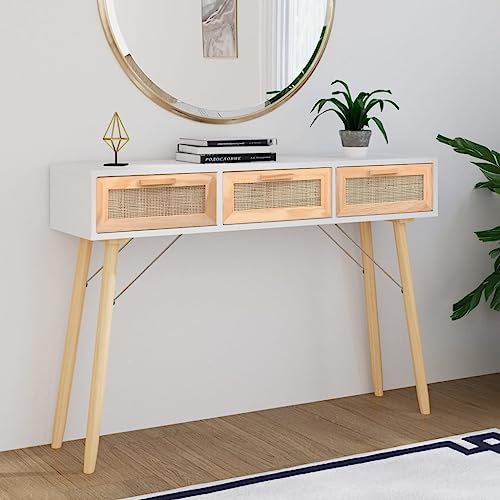 Woonisher Konsolentisch Weiß 105x30x75 cm Massivholz Kiefer Natur-Rattan beistelltisch Holz Outdoor klein Tisch von Woonisher
