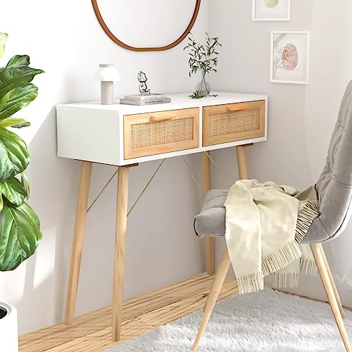 Woonisher Konsolentisch Weiß 80x30x75 cm Massivholz Kiefer Natur-Rattan beistelltisch Holz Outdoor klein Tisch von Woonisher