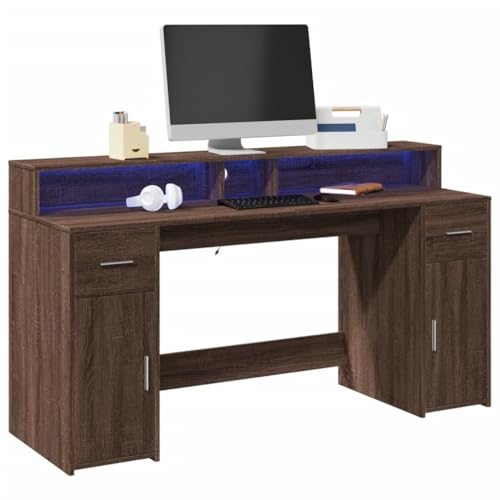 Woonisher LED-Schreibtisch Braun Eichen-Optik 160x55x91 Holzwerkstoff Schreibtisch mit stauraum Regal sekretär von Woonisher