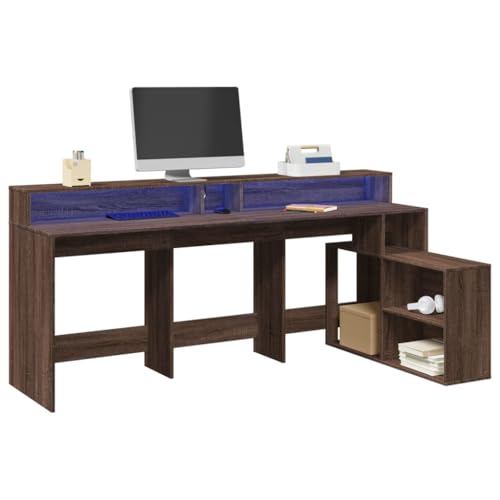 Woonisher LED-Schreibtisch Braun Eichen-Optik 200x104x91 Holzwerkstoff Schreibtisch mit stauraum Regal sekretär von Woonisher