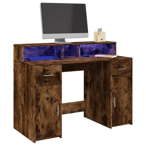 Woonisher LED-Schreibtisch Räuchereiche 120x55x91 cm Holzwerkstoff Schreibtisch mit stauraum Regal sekretär von Woonisher