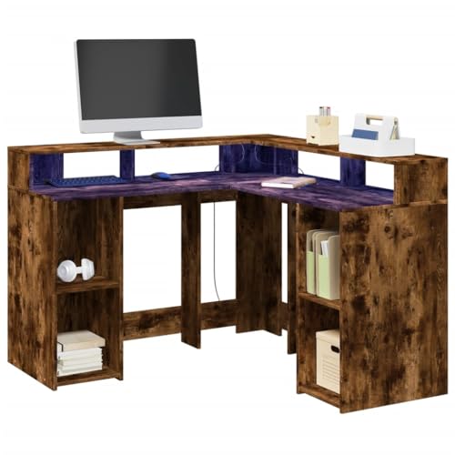 Woonisher LED-Schreibtisch Räuchereiche 130x130x91 cm Holzwerkstoff Schreibtisch mit stauraum Regal sekretär von Woonisher