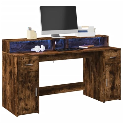 Woonisher LED-Schreibtisch Räuchereiche 160x55x91 cm Holzwerkstoff Schreibtisch mit stauraum Regal sekretär von Woonisher