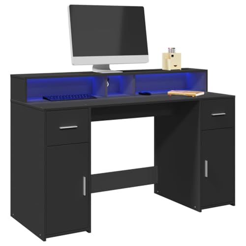 Woonisher LED-Schreibtisch Schwarz 140x55x91 cm Holzwerkstoff Schreibtisch mit stauraum Regal sekretär von Woonisher