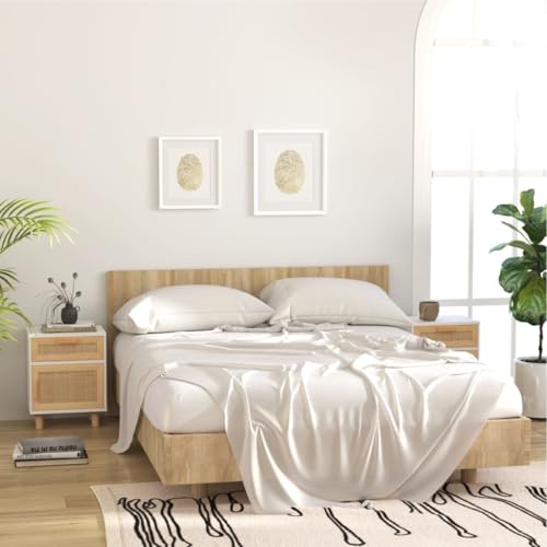 Woonisher Nachttische 2 STK. Weiß Massivholz Kiefer und Natur-Rattan Bed Side Table Bedroom von Woonisher
