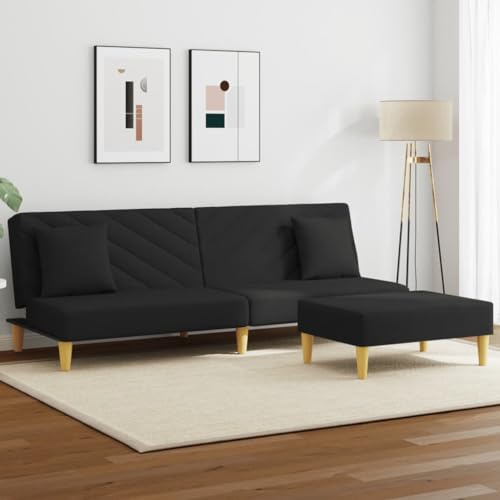 Woonisher Schlafsofa 2-Sitzer mit Kissen und Fußhocker Schwarz Stoff von Woonisher