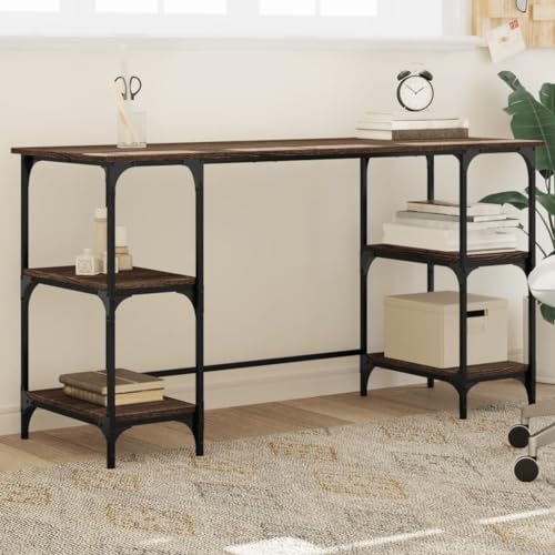 Woonisher Schreibtisch Braun Eichen-Optik 140x50x75 cm Metall Schreibtisch mit stauraum Regal sekretär von Woonisher