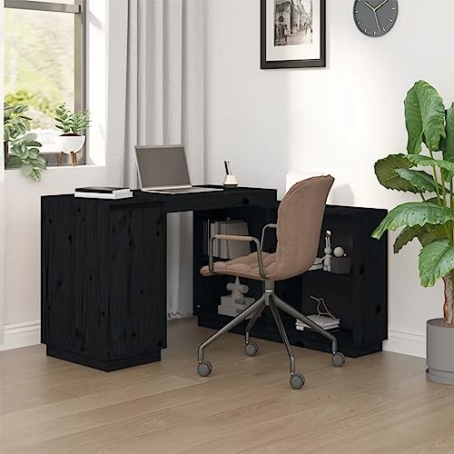 Woonisher Schreibtisch Schwarz 110x50x75 cm Massivholz Kiefer Schreibtisch mit stauraum Regal sekretär von Woonisher