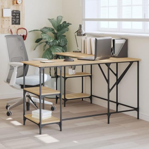 Woonisher Schreibtisch Sonoma-Eiche 139x139x75 cm Holzwerkstoff Schreibtisch mit stauraum Regal sekretär von Woonisher