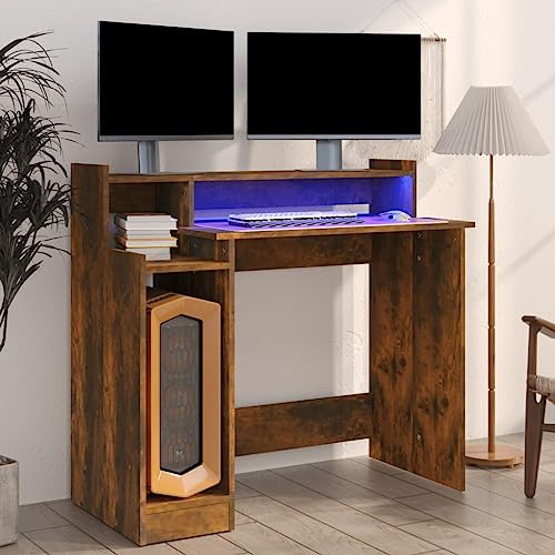 Woonisher Schreibtisch mit LEDs Räuchereiche 97x45x90 cm Holzwerkstoff Schreibtisch mit stauraum Regal sekretär von Woonisher