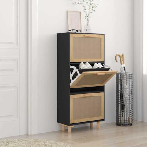 Woonisher Schuhschrank Schwarz 52x25x115 cm Holzwerkstoff & Rattan Natur schuhregal platzsparend von Woonisher