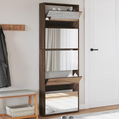 Woonisher Schuhschrank mit Spiegel 5 Fächer Braun Eiche 63x17x169,5 cm schuhregal platzsparend von Woonisher