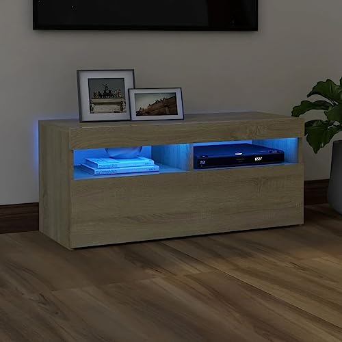 Woonisher TV-Schrank mit LED-Leuchten Sonoma-Eiche 90x35x40 cm tv Schrank Sideboard fernsehschrank von Woonisher