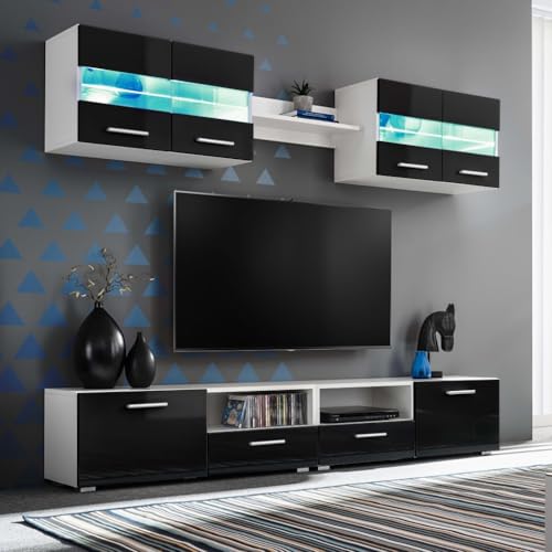 Woonisher TV-Wohnwand-Set 5-TLG. LED-Leuchten Hochglanz-Schwarz tv Schrank Sideboard fernsehschrank von Woonisher