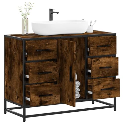 Woonisher Waschbeckenunterschrank Räuchereiche 80x33x60 cm Holzwerkstoff badmöbel Set mit spiegelschrank von Woonisher