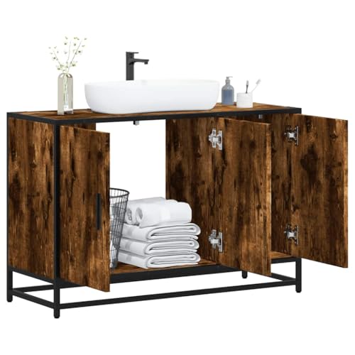 Woonisher Waschbeckenunterschrank Räuchereiche 90x33x60 cm Holzwerkstoff badmöbel Set mit spiegelschrank von Woonisher