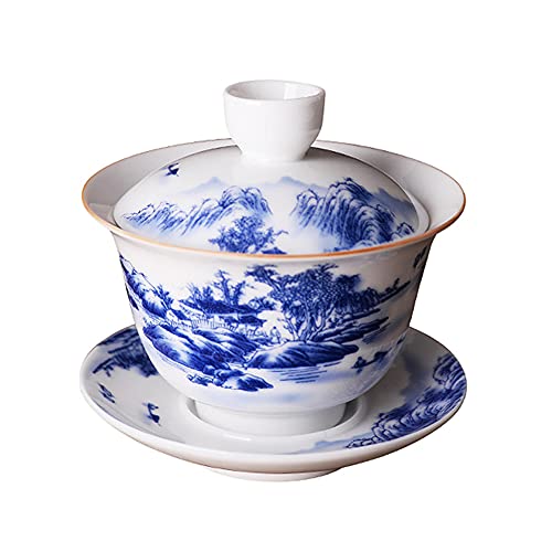 Jingdezhen Chinesischer Gaiwan, handgefertigt, 180 ml, Bergstil, chinesisches blaues und weißes Porzellan, Gaiwan Kungfu Teetasse von Woonsoon