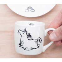 Unicorn Espressotasse + Untertasse Löffel - Handbemaltes Pferd Kaffeeset Kaffeebecher Magie Regenbogen Fee Süsse Tasse Lustiger Becher Zebrapony von WooodlandFactory