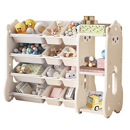 Wooru Kinderspielzeugregal mit abgerundeten Ecken, Spielzeug-Organizer mit 4 Ablagen, Bücherregal für Kinder, Aufbewahrung von Büchern & Spielzeug im Kinderzimmer, multifunktionale Ablage,Beige von Wooruy