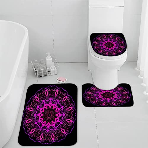 Badezimmerteppich-Set 3Teilig Mandala rutschfest Waschbar Badematte Badezimmer Weich Mikrofasern WC-Deckelbezug Boho-Lila Memory Foam Badvorleger Badteppich für Badewanne Dusche,50x80cm von Woowin