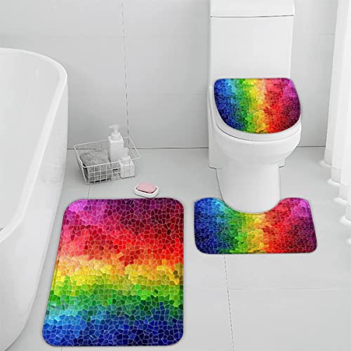 Badezimmerteppich-Set 3Teilig Mosaik- rutschfest Waschbar Badematte Badezimmer Weich Mikrofasern WC-Deckelbezug gestreifter Regenbogen Memory Foam Badvorleger Badteppich für Badewanne Dusche,50x80 von Woowin