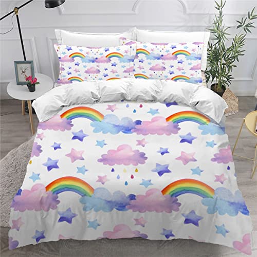 Bettwäsche 155x220 Kinder Teenager Regenbogen, Wolken 3D Druck Sommer Leicht Mikrofaser Bettbezug Süßer Zeichentrickfilm Zimmer Dekor Bettwäsche-Sets 3Teilig mit Reißverschluss und 2 Kissenbezüge von Woowin