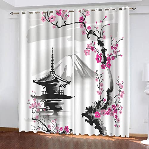 Vorhang Schlafzimme mit Ösen Pagode Sakura-Zweige 3D Gardinen Blickdicht Orientalischer Stil Wärmeisolierende Verdunkelungsvorhang 2er Set Microfaser Gardinen Wohnzimmer Modern 220x215cm von Woowin