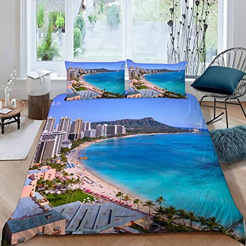 Waikiki Strand Bettwäsche 155x220 Mädchen Jungen Teenager 3D Druck Sommerlandschaft Weich Mikrofaser Atmungsaktive Sommer Erwachsene Bettbezug mit Reißverschluss und 2 Kissenbezüge 80x80cm von Woowin