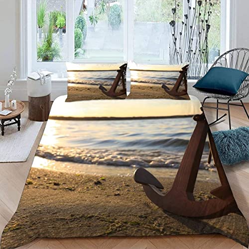 Woowin Bettwäsche-Sets 135x200 3 Teilig Anker Strand Mädchen Jungen Kinder 3D Druck Ozean Nautisch Mikrofaser Atmungsaktive Erwachsene Bettbezug mit Reißverschluss und 2 Kissenbezüge 80x80cm von Woowin