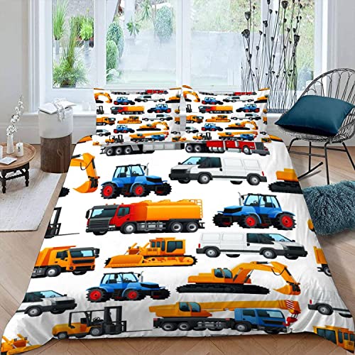 Woowin Kinderbettwäsche 135x200 Cartoon-Traktor Mädchen Jungen Kinder 3D Druck Baumaschine Bettbezug Weich Mikrofaser Sommer Bettwäsche-Sets 3 Teilig mit Reißverschluss und 2 Kissenbezüge 80x80cm von Woowin