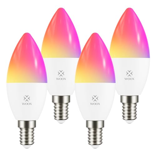 Woox Alexa Glühbirnen E14, Smart WiFi LED Lampen, Dimmbar 5W 470Lm Warmweiß-Kaltweiß 2700-6500K RGB farbwechsel Birne, Kompatibel mit Alexa/Google Home, Sprachsteuerung, Kein Hub Erforderlich, 4 Pack von Woox