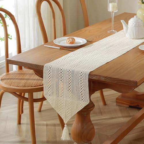 Tischläufer Boho Table Runner Tischdeko Geburtstagsdeko Hochzeitsdeko Taufe Vintage Deko Gartenparty Tisch Deko Dekoration Wohnzimmer Quasten Weiss Spitze tischdecke Spitzenstoff 25x180cm von Woplagyreat