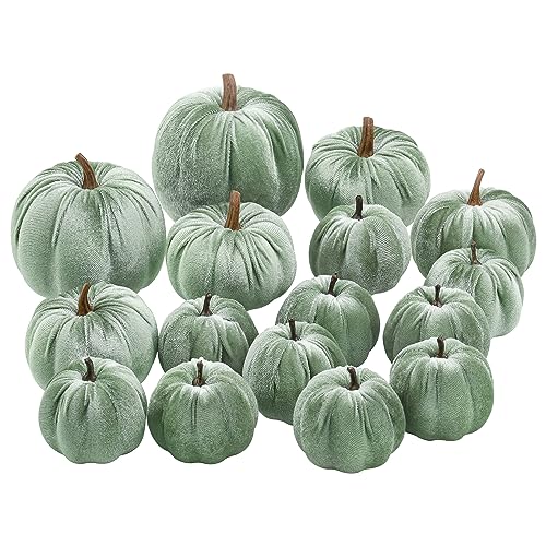 Woration 16Stück Stoff Künstliche Kürbisse Satz Gefälschte Grün Samt Dekoration Kürbis Lebensecht Ernte Kürbisse für Halloween Herbst Feste Girlande Dekor von Woration