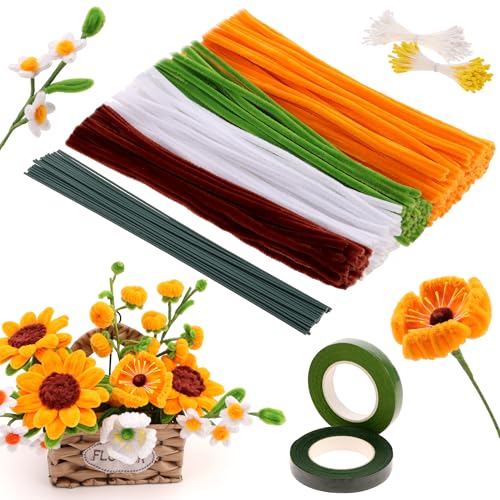 Woration 4 Farben Pfeifenreiniger Blumen Set 200stk Pfeifenputzer Zum Bastelprojekte Kreativ Pipe Cleaner DIY Dekorationen mit Blumendraht, Blumenband, Blumen Staubblatt - Orange Serie von Woration