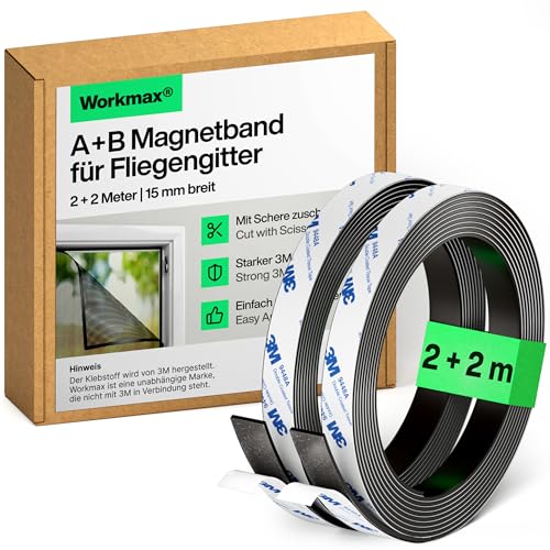 WORKMAX® A+B Magnetband für Fliegengitter & Moskitonetze (2+2 Meter) | Magnetstreifen stark selbstklebend | Magnetband mit gegenseitiger Anziehung von Workmax