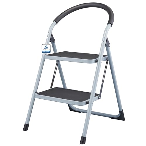 Workzone Trittleiter 2 Stufen klappbar TÜV-Zeichen 150 kg Stahl Klapptritt Klappleiter 2-stufig Anti-Rutsch-Belag Trittbrett & Sicherheitsverriegelung Haushaltstritt von Workzone
