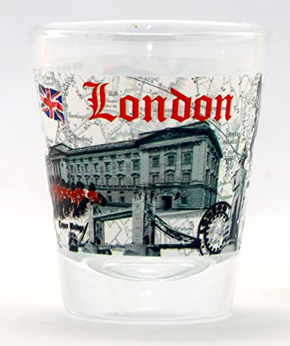 London England Sehenswürdigkeiten und Symbole Briefmarken-Design Schnapsglas von World By Shotglass