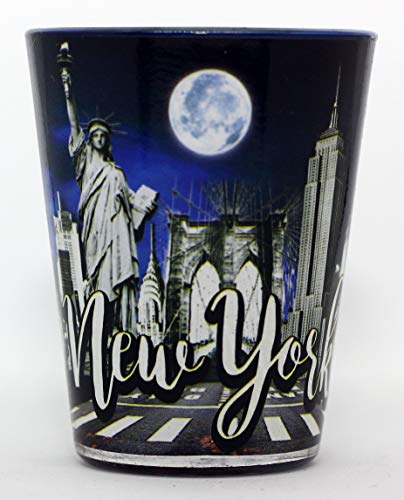 New York Night Skyline und Sehenswürdigkeiten Collage, Schnapsglas von World By Shotglass
