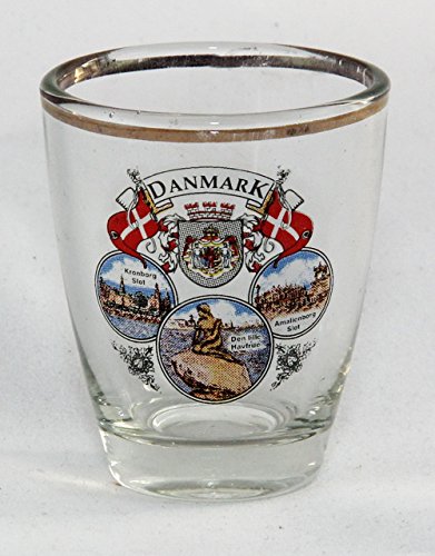 Schnapsglas mit Dänemark-Flagge, Wappen und Sehenswürdigkeiten von World By Shotglass
