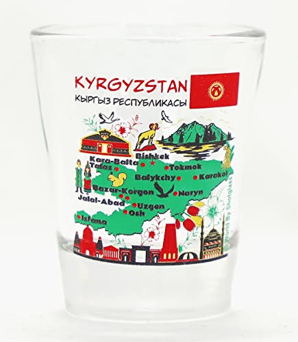 Schnapsglas mit Sehenswürdigkeiten und Symbolen, Kirgisistan von World By Shotglass