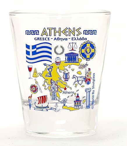Schnapsglas mit Sehenswürdigkeiten und Symbolen von Athen, Griechenland von World By Shotglass