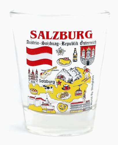 World By Shotglass Salzburg Österreich Sehenswürdigkeiten und Ikonen Collage Schnapsglas von World By Shotglass
