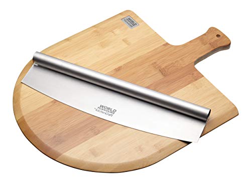 KitchenCraft World of Flavours Pizzabrett aus Holz und Mezzaluna Pizzaschneider Set von KitchenCraft