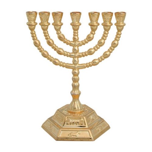 Menora mit 7 Zweigen, sechseckiger Sockel, 12 Stämme Israel, Gold von World Of Judaica