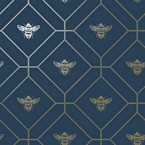 Wabenbiene Metallische Geometrische Tapete Perfekt für Schlafzimmer Wohnzimmer Feature Wände Navy Blau World of Wallpaper 50401 von World of Wallpaper