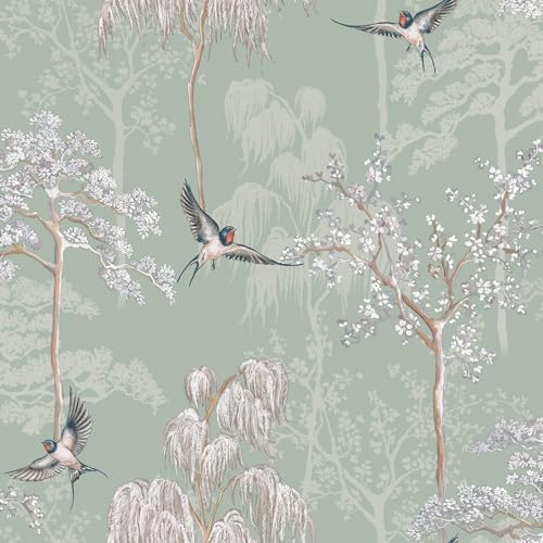 World of Wallpaper Tapete im japanischen Garten-inspirierten orientalischen asiatischen Stil, Kirschblütenbäume und orientalische Vögel – Salbeigrün 946102 von World of Wallpaper