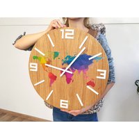 Große Wanduhr , 19 " Zoll Weltkarte Holz, Rustic von World4Design