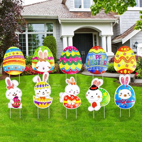 10 Stück Oster-Hofschilder, wasserdichte Oster-Dekorationen, Outdoor-Glitzer-Hof-Dekoration, Eier, Hase für Garten, Wand, Baum, Weg, Gehweg von WorldBazaar