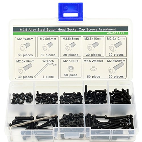 M2,5 Innensechskant Button Head Schraube, Sechskantmutter, flach Waschmaschine, Schlüssel, Sortiment Kit, Legierung Stahl, 310 PCS von Worldcom Generic